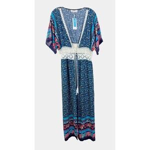 NWT Cupshe Kimono Cover Up Size S Blue Red Embroidered Tassels Boho Beach